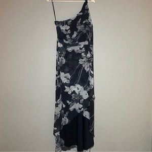 H by Halston High Low One Shoulder Dress Size 10 Abstract Black Gray Floral New